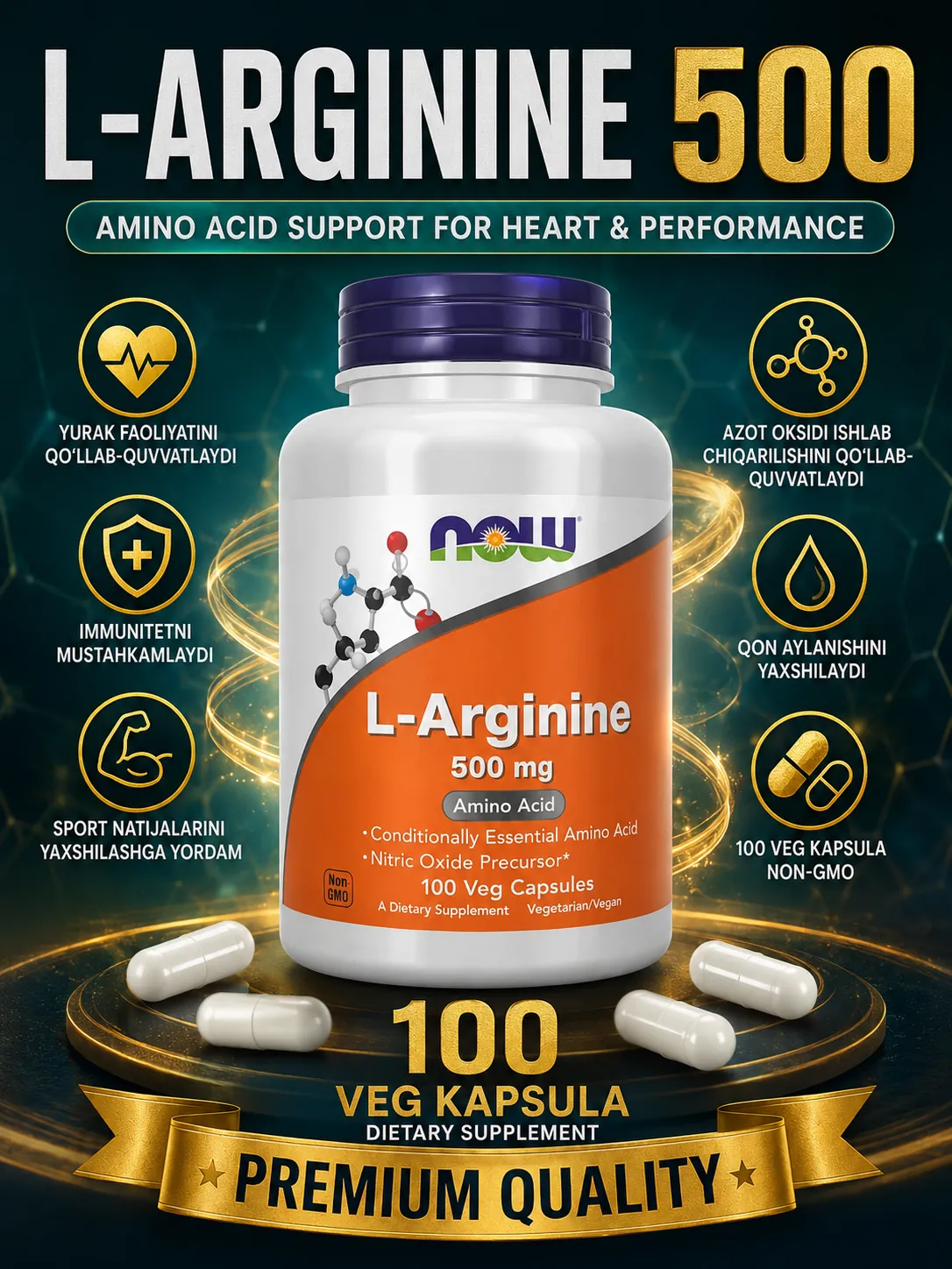NOW L-Arginine — qon aylanishi va sport natijalari uchun
