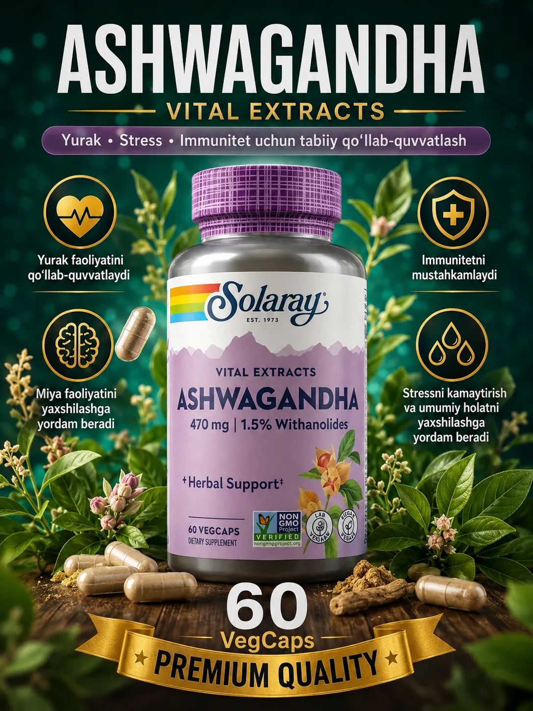 Solaray Ashwagandha — stress, energiya va asab uchun adaptogen