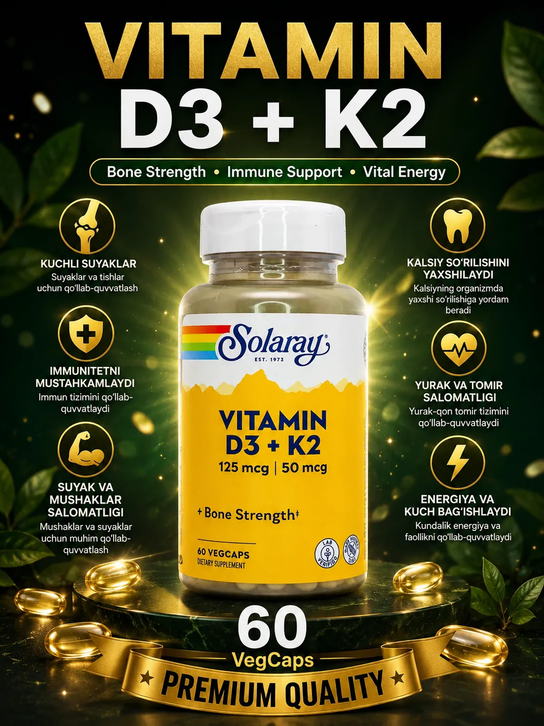 Solaray Vitamin D3 + K2 — suyak, yurak va immunitet uchun