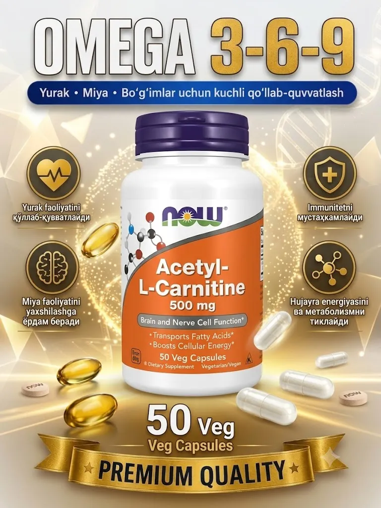 NOW Acetyl-L-Carnitine 500 mg — energiya va miya faoliyati uchun